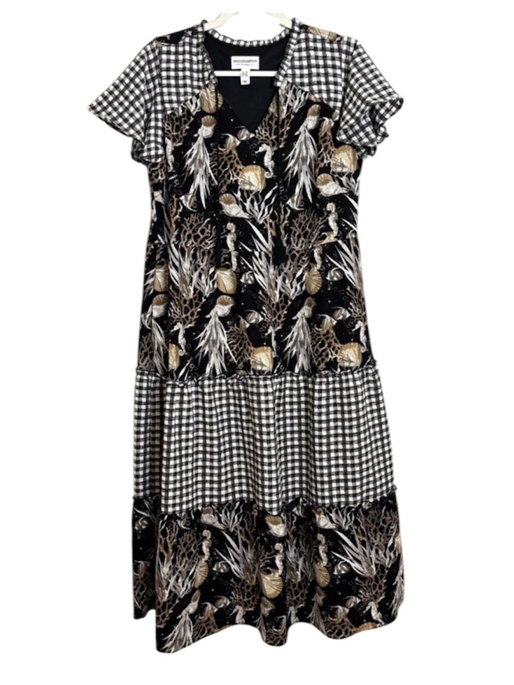 Isaac Mizrahi Black White Gingham Seashell Midi Dress Medium Petite Coastal